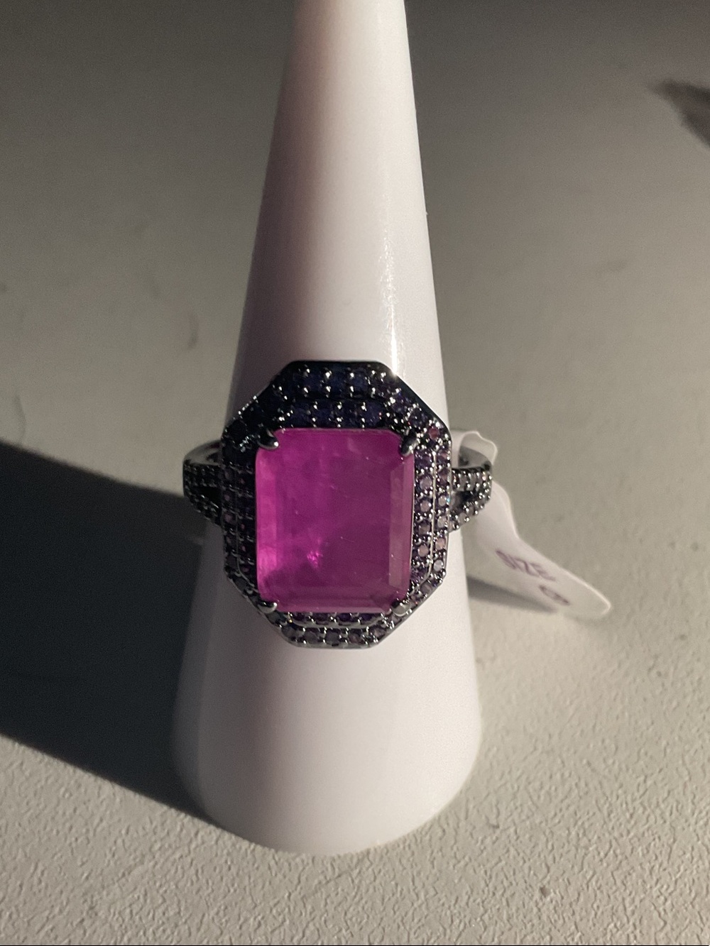 bp Hot Pink Emerald-Cut Ring with Black Pavé Halo